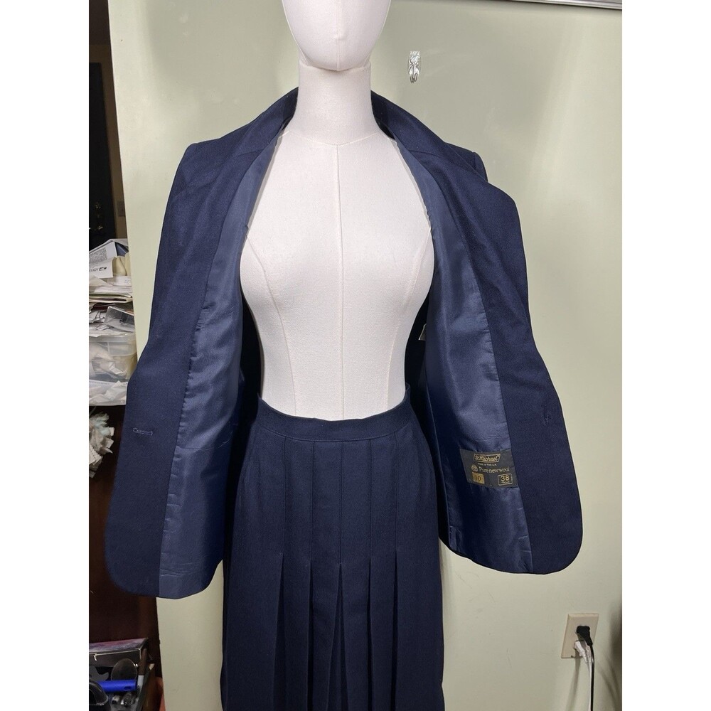 Vtg St Michael Womens 2-piece Navy Wool Sz 10 Blazer & Sz 12 Skirt Pleated Suit - Picture 8 of 16